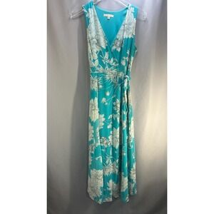Sandra Darren Wrap Dress Womens 6 Blue Floral V Neck Sleeveless Tie Waist Party
